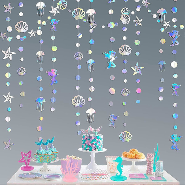 16 meter Iridescent Mermaid Girlang med Manet, Snäcka, Sjöstjärna, Pärla Holografisk Pappersstreamer för Lilla Sjöjungfrun Regnbågstema Födelsedag Möhippa