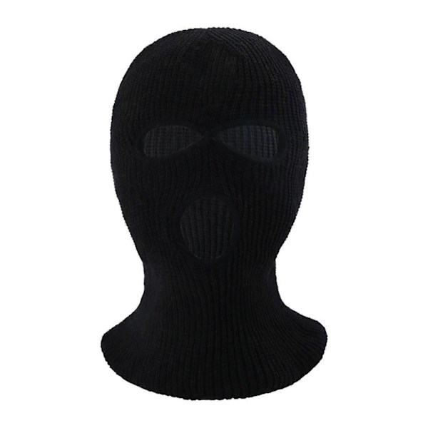 (Musta) Talvinen unisex neulottu pipo kolmella reiällä, yksivärinen kokokasvobalaclava, kupumainen neulottu kasvosuoja ulkoiluun ja pyöräilyyn Black