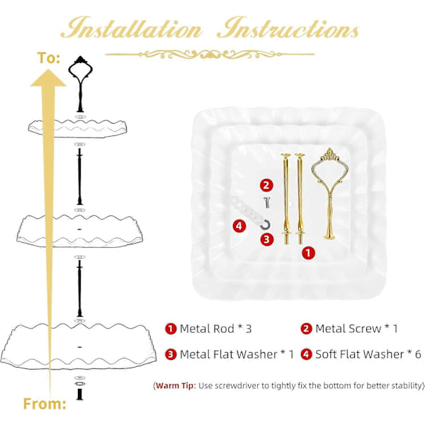 Dessert Cupcake Stativ, 3-lags Cup Cake Holder til Teselskab/Fødselsdag/Bryllup, Plastik Serveringsbakke med Metalstang (Hvid)