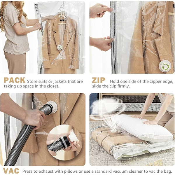 Hängande Vakuumförvaringspåsar för Kläder, Sido-utrymmesbesparande Påsar (2 Långa, 2 Korta), Transparent Vit Kompressionspåse, 4-pack