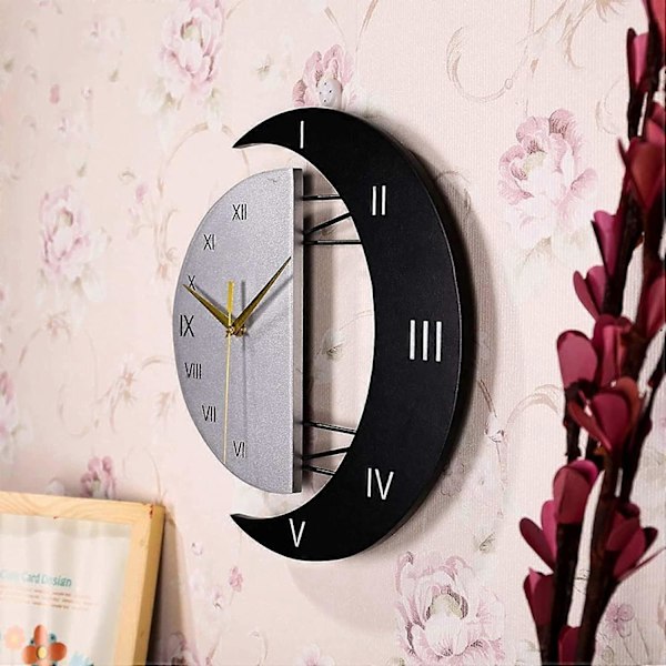 Modern Tyst Väggklocka Design Köksklocka Månformad Ram Kreativ Dekorationsklocka för Hemmet (45*46)