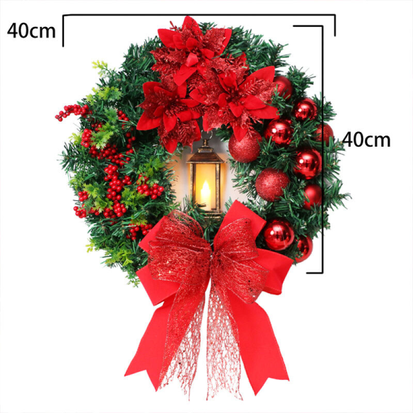 Christmas Wreath with Wind Lantern Bowknot Red Flower Front Door