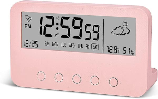 Digital väckarklocka för sovrum, batteridriven bordsklocka, med nedräkning, väder, nattlampa, datum