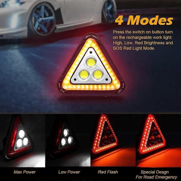 2025 Ny bærbar LED-varseltrekant, bærbar LED-arbeidslampe, USB oppladbar, 4 moduser trekantspotlight