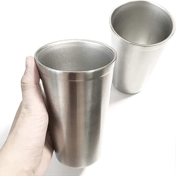 Rostfria stålkoppar - 2-pack borstad metall drickskopp, okrossbara, stapelbara, kaffe/te/ölglas (Silver 500ml)