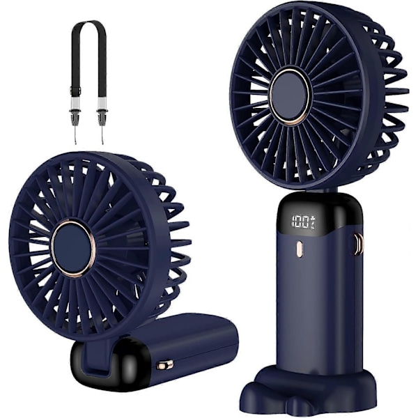 Blå håndholdt ventilator, mini bærbar USB-genopladelig ventilator, lille lommeventilator med 5 hastigheder og base, 4000 mAh batteri Ventilat