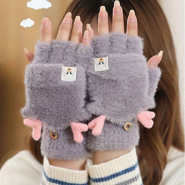 USB Vendbare Opvarmede Handsker Vinter Efterår Strikkede Halvfingerklap Faux Mink Hjortehandsker, A