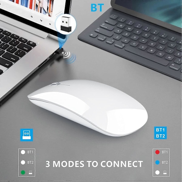 Bluetooth-mus, Trådløs Tri-Mode Mus (BT5.1+ BT5.1+ USB) Bærbar Bluetooth Stille Oppladbar Mus for Mac/Datamaskin/Linux/Android