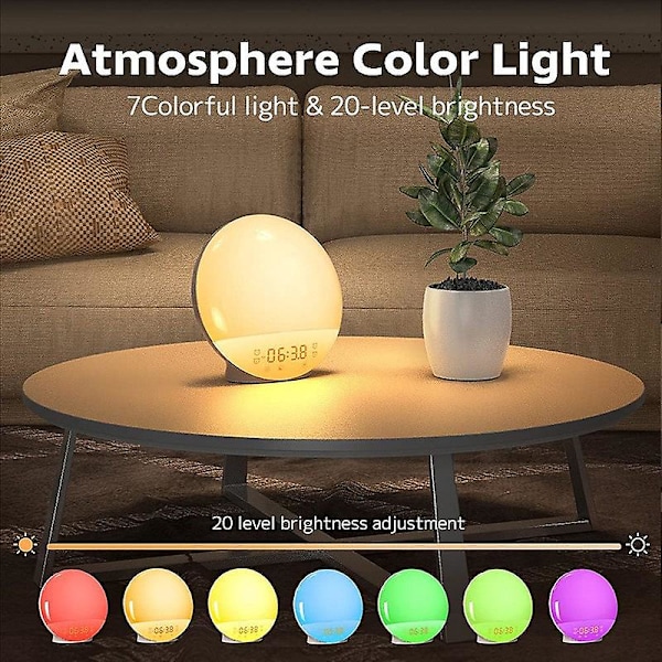 Wake-up Light LED Radio Lys Morgen Vekkerklokke Nattbordslampe 20 Lysstyrkenivåer Daggry og Skumring Simulator 2 Vekkerklokker 7 Naturlige Lyder Snooze Fu