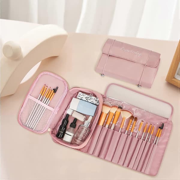Makeup Børste Opbevaringspose, 2 i 1 Multifunktionel Lomme til Rejser, Forretning og Daglig Brug - Pink