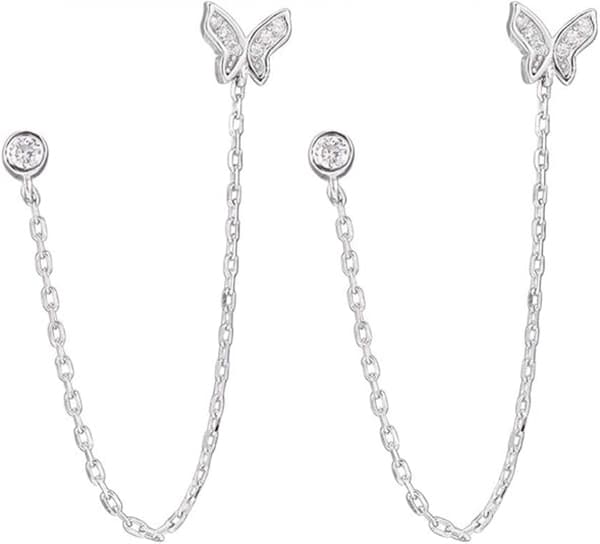 925 Sterling Sølv Dobbelthulls Kjedeøreringer for Kvinner Sommerfugl Stud Ørering