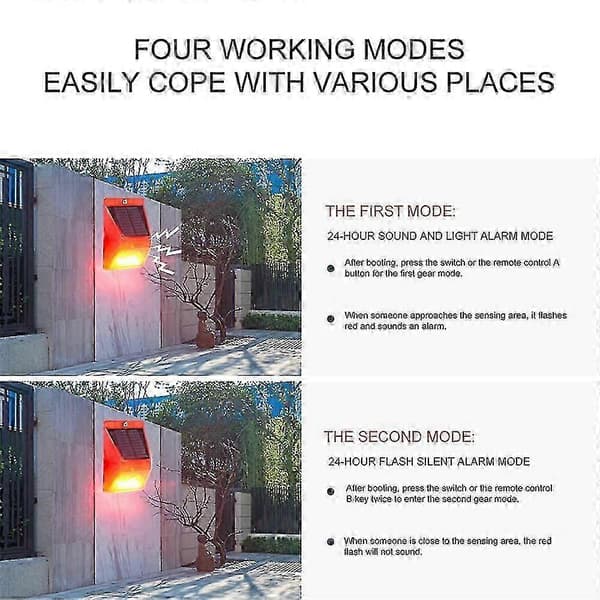 Solar Alarmlys, Lydalarm Blinklys Bevegelsessensor Sikkerhetsalarm, Blinkende Varsel, IP65 Vanntett, Fire Moduser