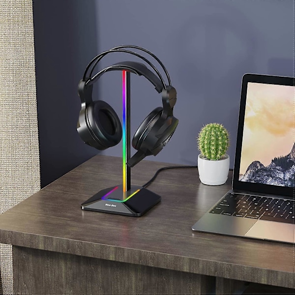 RGB Hodetelefonstativ Gaming Headset Holder LED Tilbehørsholder med 7 Lysmoduser, Sklisikker Gummibase, for PC-gamer, Svart