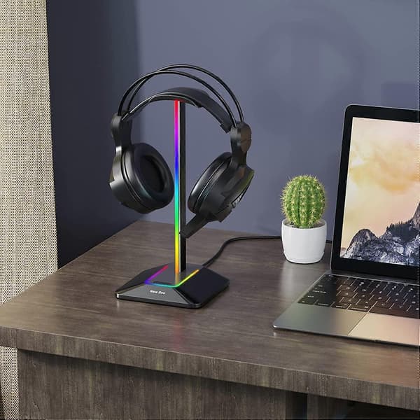 RGB Hovedtelefonholder Gaming Headset Holder LED Tilbehørsholder med 7 Lysindstillinger, Skridsikker Gummibase, til PC Gamer, Sort