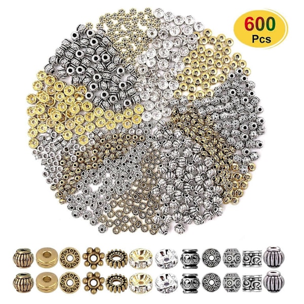 600 kpl Välihelmet Korujen Helmi Charm Välihelmet Seos Välihelmet Korujen Valmistukseen DIY Rannekorut Kaulakoru ja Askartelu (12 Tyyliä, Hopea ja Kulta)