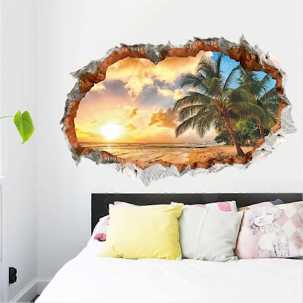 3D Väggdekoration SOLNEDGÅNGEN (60x90 cm) I självhäftande väggdekor landskap strand hav ocean palmträd I Dekoration för vardagsrum sovrum kök h