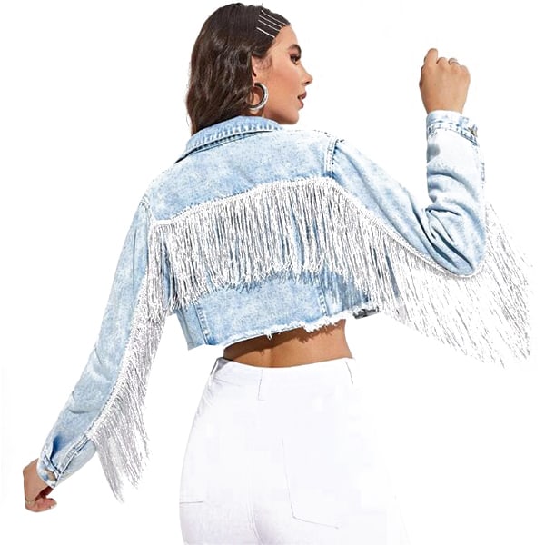 Dame-frynser, langermet crop denimjakke light blue L