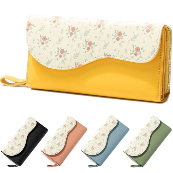 Läderplånbok for damer, långa plånböcker med blommønster for damer med flere kortplasser og rymlig fack (gul)