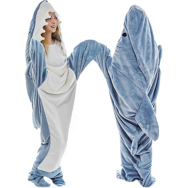 Hajfilt til voksne børn - Bærbar hajfilttrøje, tegneserie dyre onepiece filt, sød sjov blå haj flanelltrøje til pigers interesse 55in-m