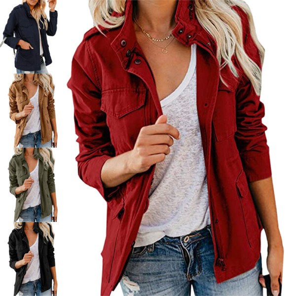 Kvinnor med fickor kappa tryckknappar militärjacka Wine Red 3XL