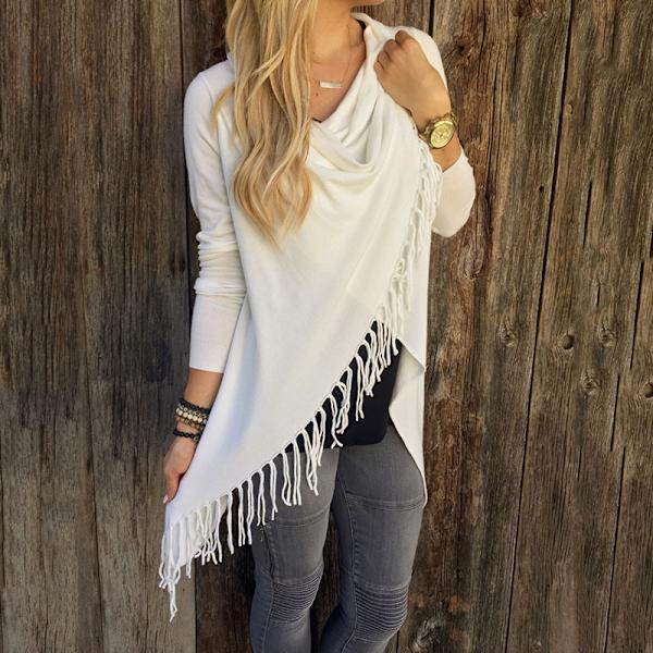 Dam Stripes Poncho Fall Tofsar Slash Sjal Hem Fringe Sweater White M