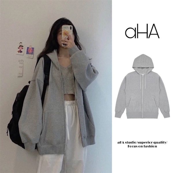 Dame hættetrøje Front Åben lynlås Hættejakke Pige Løs Casual grey XL
