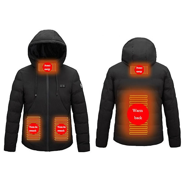 Opvarmet jakke, opvarmet frakke til kvinder og mænd, vinterfrakke hættejakke Black 3XL