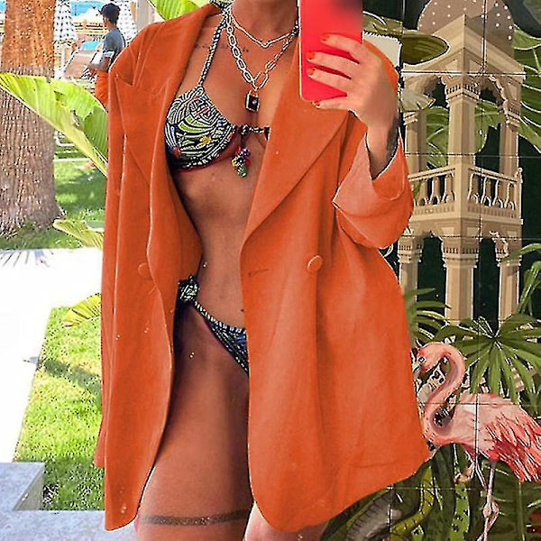 Kvinder Langærmede Business Jakker Work Cardigan Jakke Enkeltradede Blazere Orange M