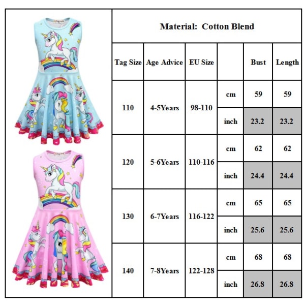 Unicorn Print Princess for Girls Tank Swing Dress Party Dress Blue 7-8 Years