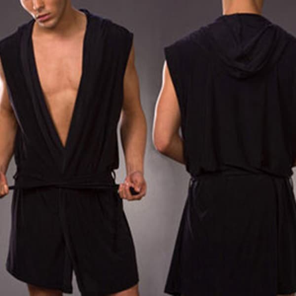 Silkeslen badrock för män Pyjamas Huvrock Sovkläder Ärmlös Black L