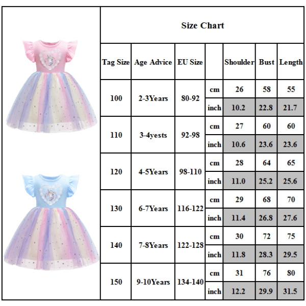 Jenter Unicorn Princess Liten festkjole med flyermer Pibk 100cm