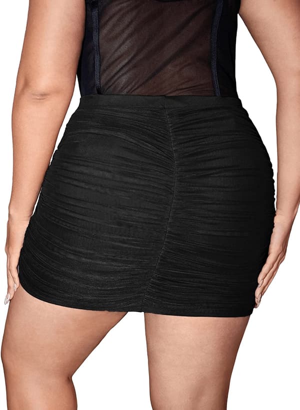 HAUFR Kvinder Plus Size Solid Mesh Ruched Bodycon Stretch Mini kort nederdel Black 4X-Large Plus