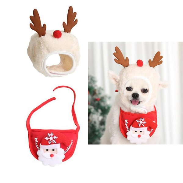 2kpl Jouluinen lemmikkihattu ruokalappu ja koiran vaatteet Puppy Cat Cosplay asusteet CNMR Red S
