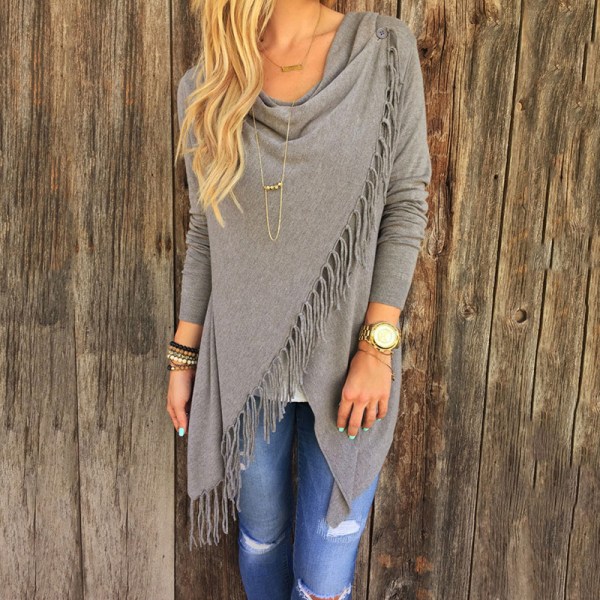 Dame Stripes Poncho Fall Dusker Slash Shawl Hjem Frynse Genser grey M