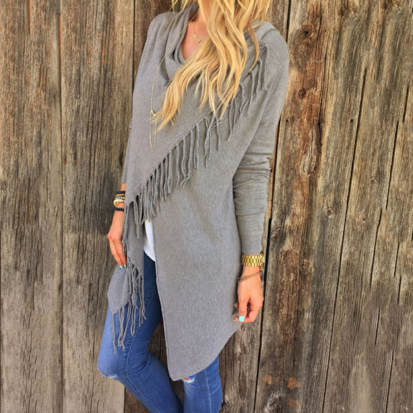 Dam Stripes Poncho Fall Tofsar Slash Sjal Hem Fringe Sweater grey M