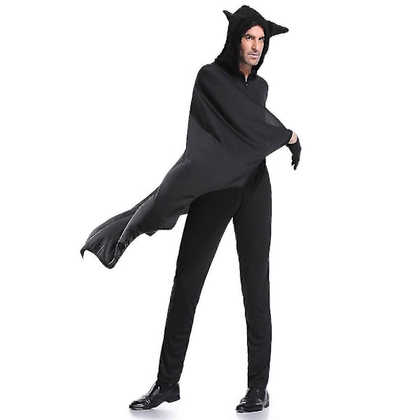 Man Svart Fladdermus Vampyrdräkt Cosplay för män Hooded Jumpsuit Fantasia Halloween Carnival Dress Up L