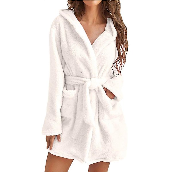 Kvinder blød plys fleece morgenkåbe hætte mid længde lomme badekåbe White 4XL