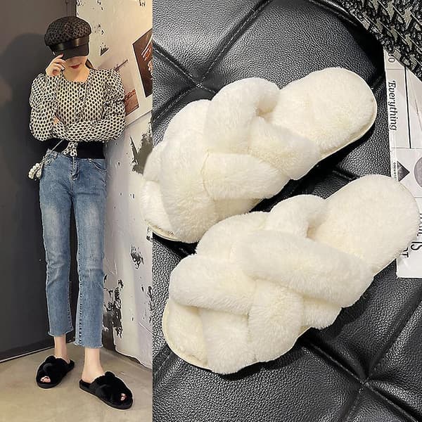 halkfria fluffiga tofflor för kvinnor White 36-37