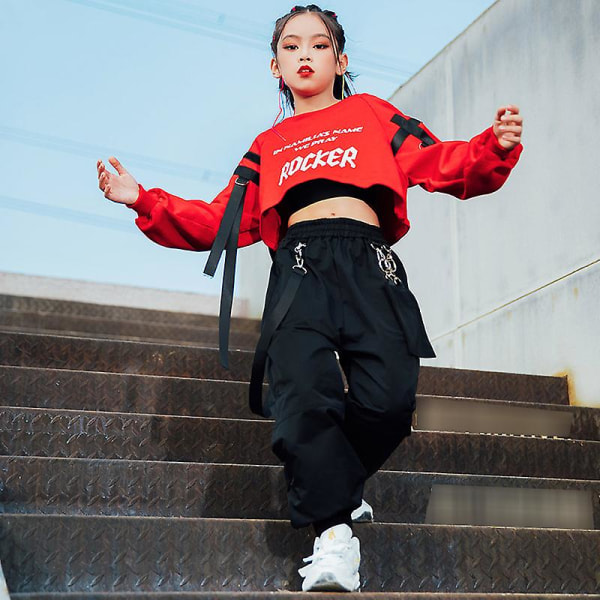Hiphopkläder för flickor Röda toppar Svarta byxor Casual Street Dance Wear Jazz Performance Kläder Hip Hop Barnkläder BL5301 Tops 160cm