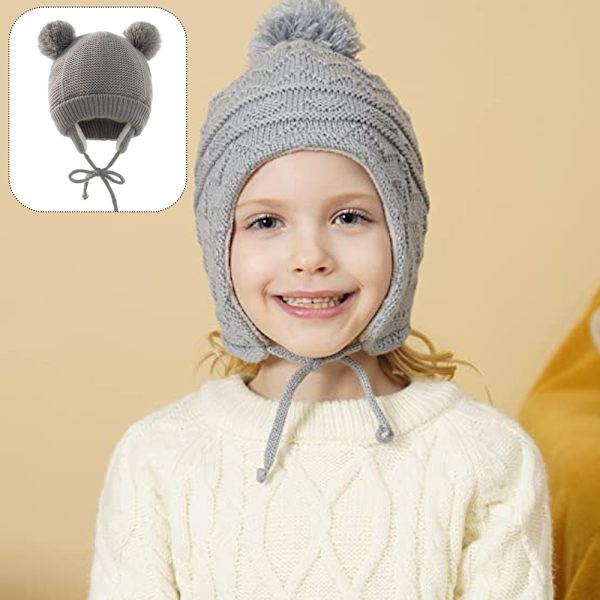 Barns flätmössa, hörselskydd stickmössa gray