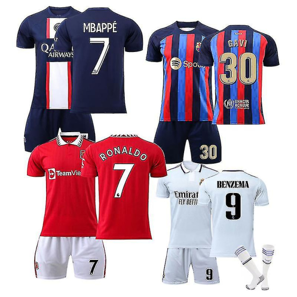 Sæson 22/23 Børnefodboldsæt Fodboldtrøje Trænings-T-shirt jakkesæt Messi/neymar/ronaldo/mbappe/harland 22 23 Barcelona Away Gavi 30 Kids 26(140-150CM)