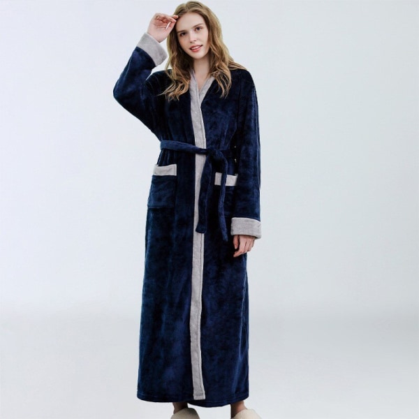 Flanell Pyjamasrockar Hooded ace Up Nightgown Robe Navy Blue L