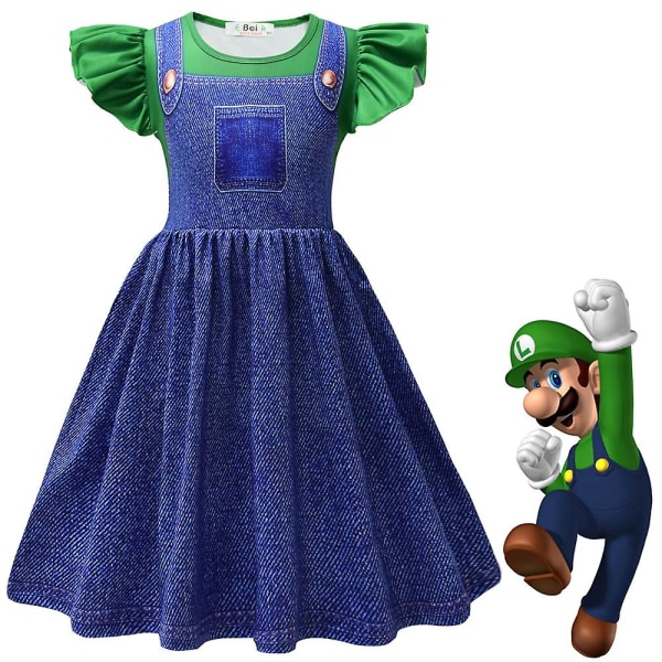 4-9 år Børn Piger Princess Peach/super Mario Cosplay Festkostume Kjole Gaver Denim Green 5-6 Years