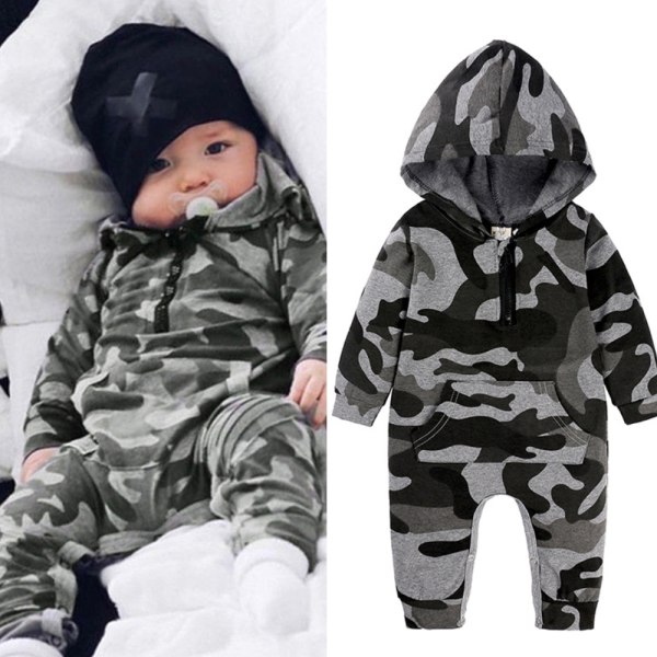 Baby Drenge Pige Sød Romper Hooded Pocket Jumpsuit Tøj Outfit Camouflage 70cm