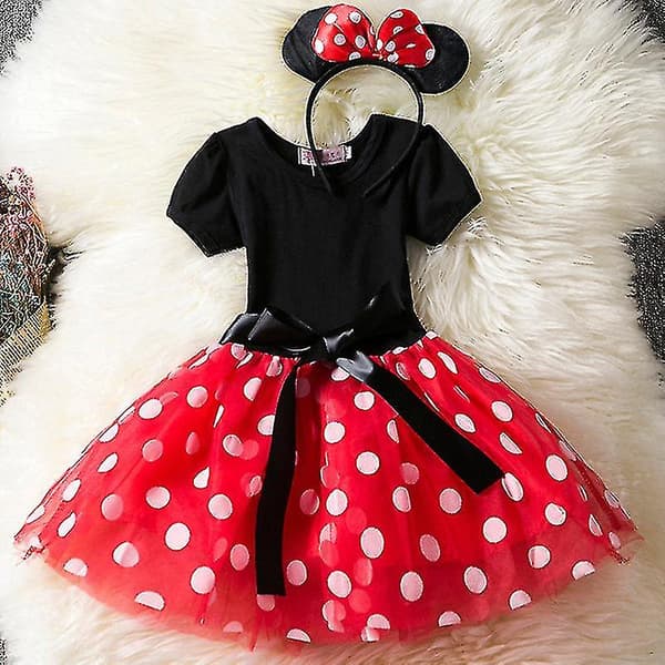 Barnflicka Minnie Mouse Polka Dot Födelsedagsfest Bow Tutu Tyllklänning Red 2-3Years