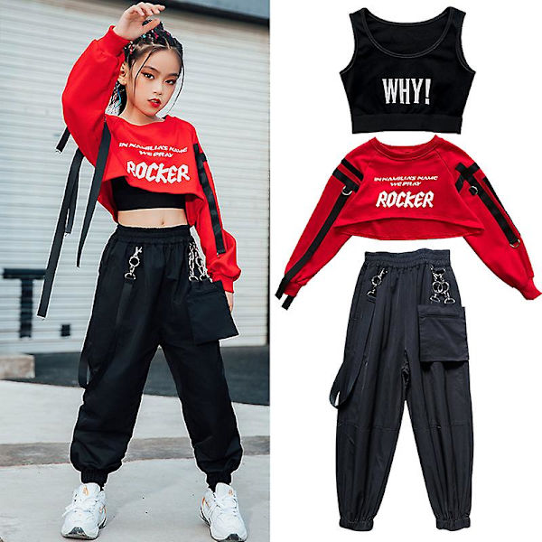 Hiphopkläder för flickor Röda toppar Svarta byxor Casual Street Dance Wear Jazz Performance Kläder Hip Hop Barnkläder BL5301 3pcs 170cm
