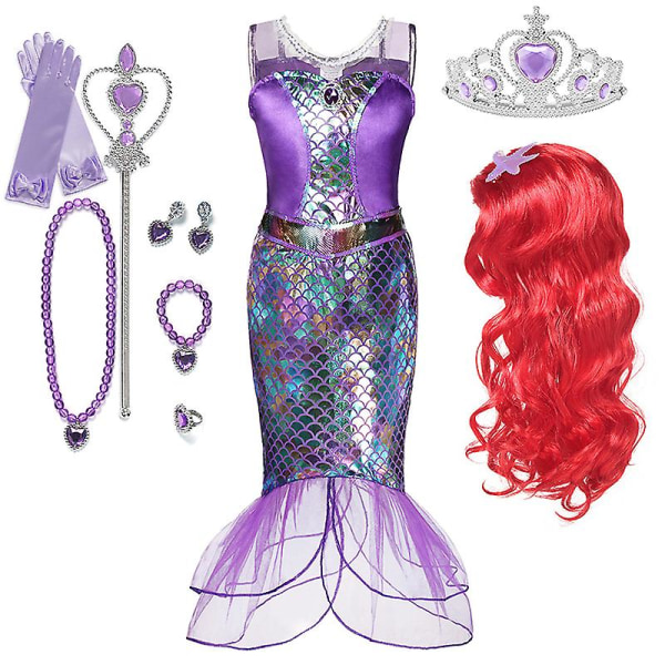 Lilla sjöjungfrun Ariel Prinsessan Kostym Barnklänning För tjejer Cosplay Barn Karneval Födelsedagsfest Kläder Sjöjungfruklänning 9-10T(size 150) 11pcs Mermaid Sets