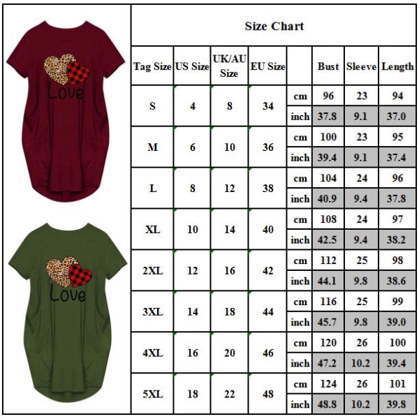 Kvinnor älskar hjärta sommar T-shirt klänning för alla hjärtans dag Wine Red S