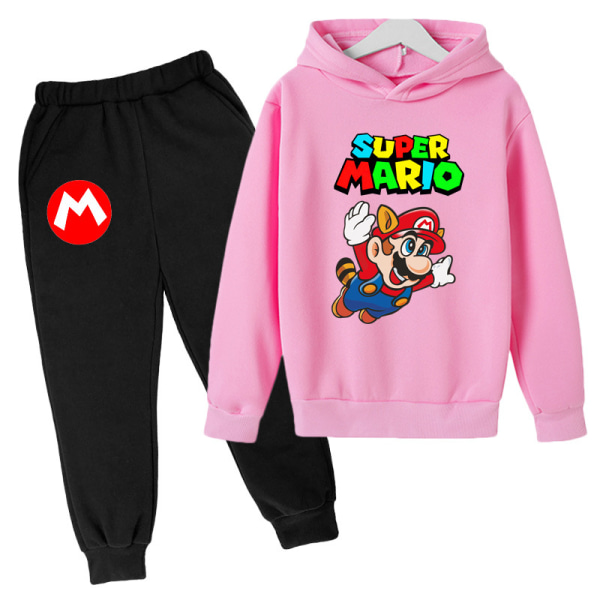 Drenge Piger Super Mario Hættetrøjer Træningsdragter Toppe+Sweatbuks Sæt Pink 130cm