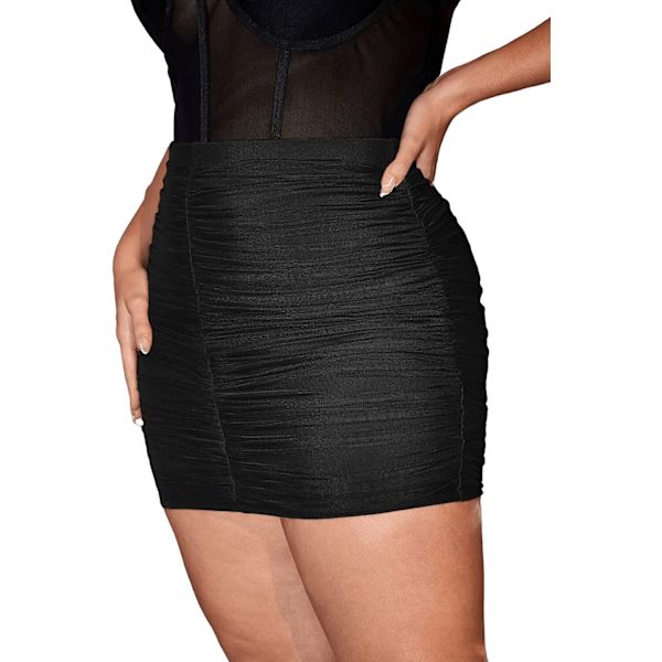 HAUFR Kvinder Plus Size Solid Mesh Ruched Bodycon Stretch Mini kort nederdel Black Large Plus